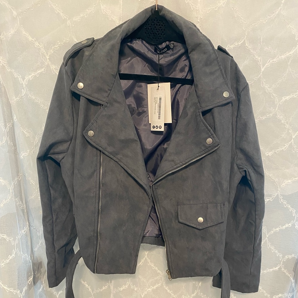 Boohoo Cropped Plus Faux Suede Motorcycle Jacket